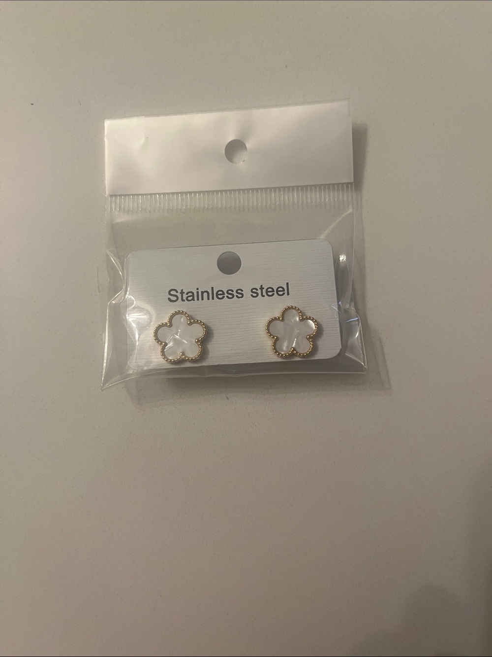 Stainless Steel White Flower Stud Earrings - Gold Trim